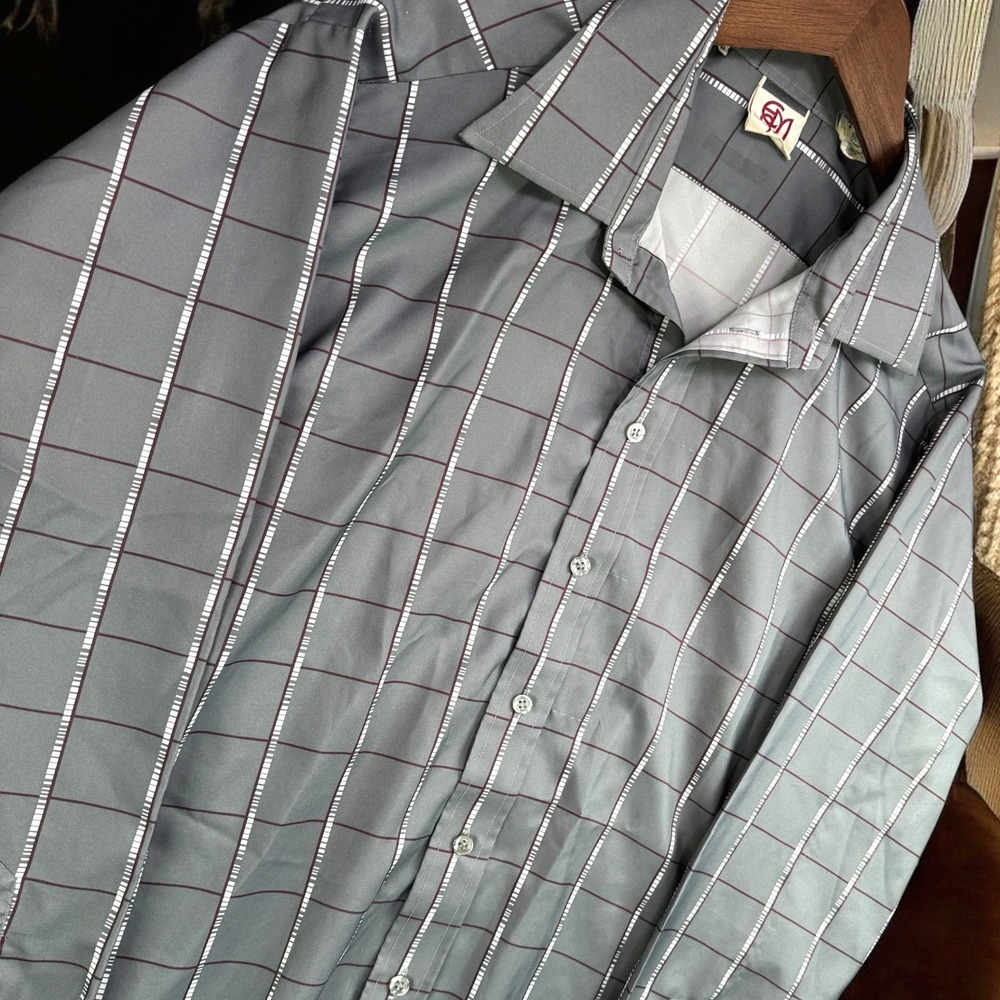 Vintage Button Down Mens‎ XL Gray Grid Pattern Disco 70s Window Pane Shirt